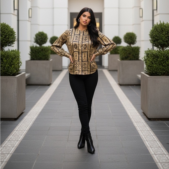 Vintage Susan Hutton Black & Gold Button Down Blouse - Picture 2 of 10